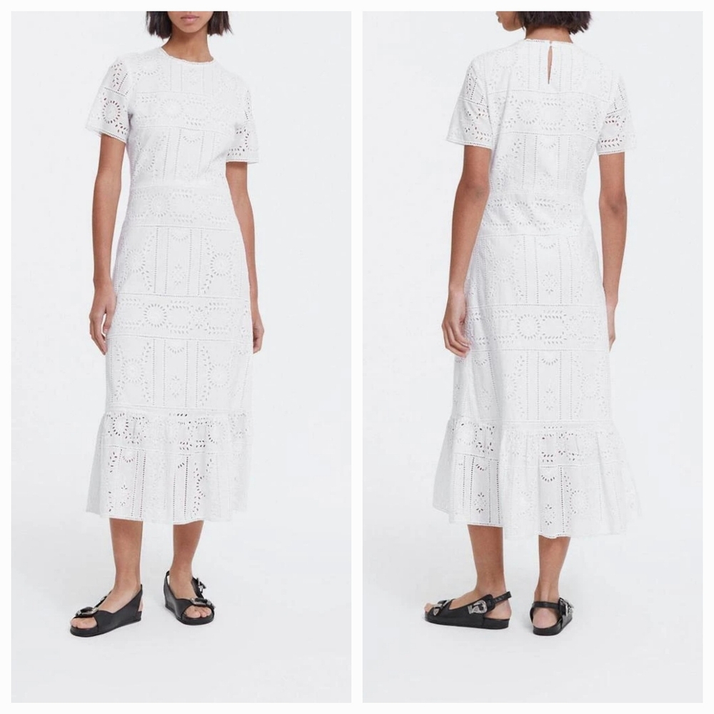 The Kooples Dress Women 1 S White Eyelet Cotton Midi Parisian Boho Bridal Shower